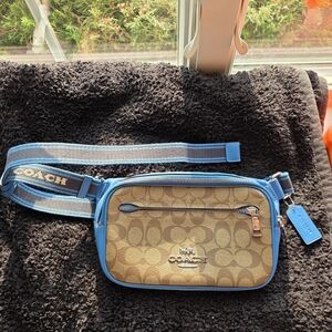 Coach Signature Tan and Blue Crossbody Bag